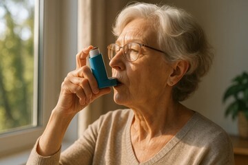 Older woman using an asthma inhaler by the window at home, respiratory health management in natural morning light.
