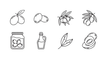 Hand drawn olive oil set featuring whole olives branches and bottles for healthy lifestyle designs vector