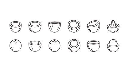 Collection of hand-drawn coconut icons various stages of opening and preparation vector