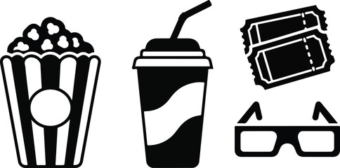 Essential movie night icons set featuring classic popcorn, a refreshing soda drink, admission tickets, and 3D glasses for a complete cinematic experience