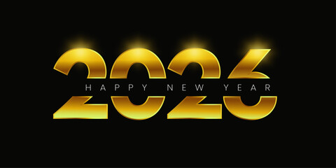 Golden 2026 Happy New Year Vector Design on Black Background &ndash; Shiny Metallic Typography with Elegant Glow for Luxury Holiday Greetings, Celebration, Event Promotions, and Festive Party Campaigns