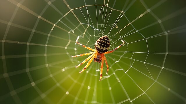 lemuria. A spider mending its intricate web with glistening threads in morning light. wildlife magazines, conservation campaigns, designed for eco-tourism storytelling, used by motion designers.