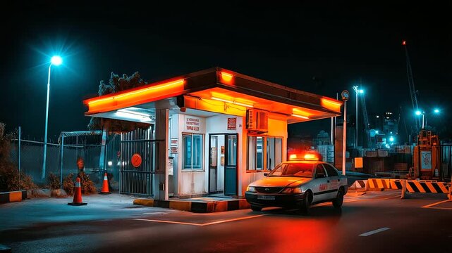 Urban checkpoint under neon light, cinematic contrast, photorealistic detail.