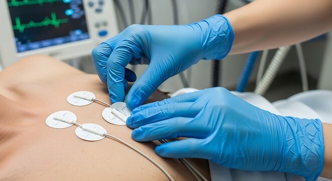 A healthcare professional in blue gloves carefully attaches electrodes to a patient's chest for an electrocardiogram.