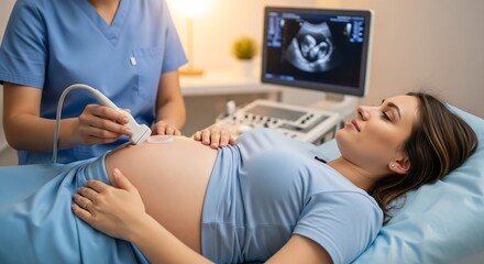 A pregnant woman is undergoing an ultrasound examination by a medical professional in a clinic.