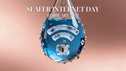 The water drop lock emblem element represents the security concept of safer Internet Day and cleaner network environment, and is applicable to network security science popularization materials.
