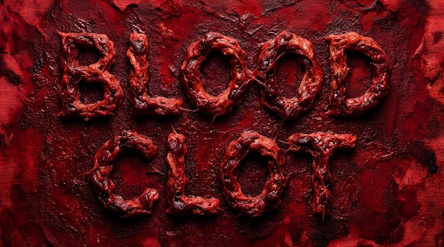 Horror movie title design featuring grotesque blood clot letters smeared across a dark crimson background