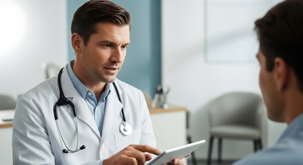 Fototapeta premium A doctor in a white coat with a stethoscope around his neck is showing something on a tablet to a patient in a medical office.