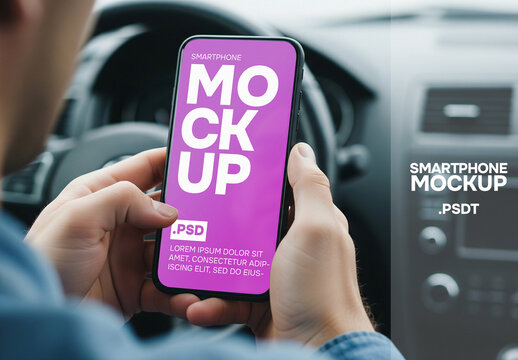Man using mobile phone in car screen mockup