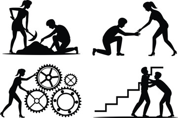 Teamwork, collaboration, helping hands, business partnership, gear mechanism, leadership support, success growth, problem solving, people working together, cad drawing flat vector illustration