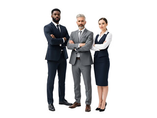 Confident and diverse business team of three corporate professionals in stylish suits, standing with arms crossed, exuding leadership and success, isolated on transparent background.