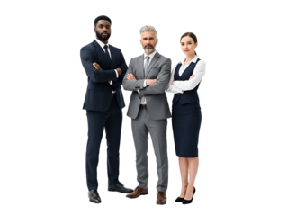 Confident and diverse business team of three corporate professionals in stylish suits, standing with arms crossed, exuding leadership and success, isolated on transparent background.