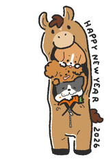 馬の着ぐるみを着た犬たちのかわいい2026年賀状イラスト