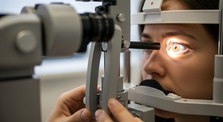 Close-up of a woman's eye undergoing an examination with a slit lamp by an optometrist.