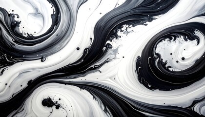 Abstract swirls of black and white paint flow together creating a dynamic, marbled effect with artistic flair