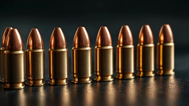 Close-up row of shiny bullets with copper tips standing on dark surface, military, defense, ammunition, weapons, firearm industry, law enforcement, protection, armed forces concepts, security visuals.