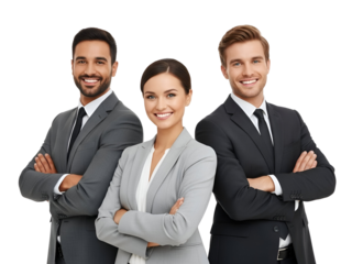 Smiling confident business team of two men and one woman in stylish grey suits with arms crossed, portraying corporate success and collaboration, isolated on transparent background.