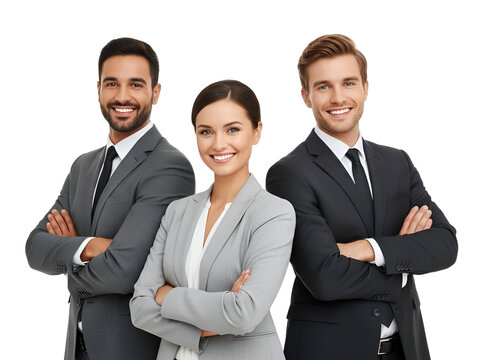 Smiling confident business team of two men and one woman in stylish grey suits with arms crossed, portraying corporate success and collaboration, isolated on transparent background.