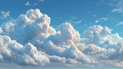 Sunny day showing many white fluffy clouds filling up most of the bright blue sky, peaceful and calming weather in summertime