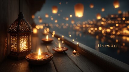 Happy diwali greeting with lit oil lamps and floating lanterns at night, celebrating the indian hindu festival