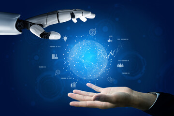 AI connecting global business network, processing data exchange, analyzing economic trends, and supporting digital infrastructure through intelligent worldwide systems. Vouch