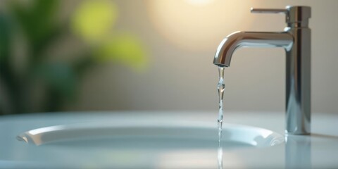 Close-up of a modern chrome faucet with water gently flowing into a pristine basin