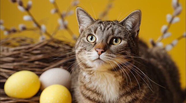Cat near Easter eggs 