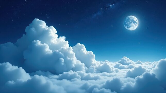 Serene Night Sky Above a Sea of Clouds with a Bright Full Moon