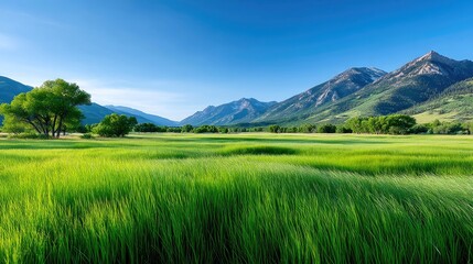 Fototapeta premium Green Field and Mountains Under Blue Sky