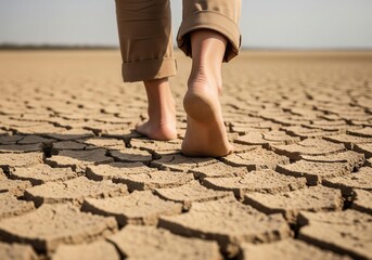 Barefoot Walk Across Parched Cracked Soil Under Desolate Desert Sun During Outdoor Adventure In Arid Landscape