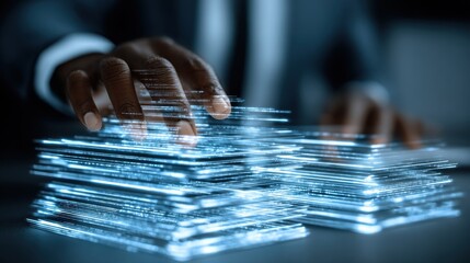 Futuristic ai document management system checks digital files displayed on a virtual screen, showing paperless automation workflow