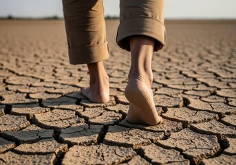Barefoot Walk Across Parched Cracked Soil Under Desolate Desert Sun During Outdoor Adventure In Arid Landscape