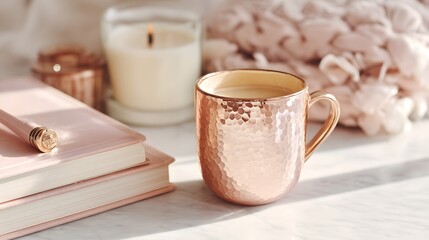 Cup of coffee sits on a table next to a book and a candle. Concept of relaxation and comfort, as the coffee and candle create a cozy atmosphere. The cup itself is made of copper