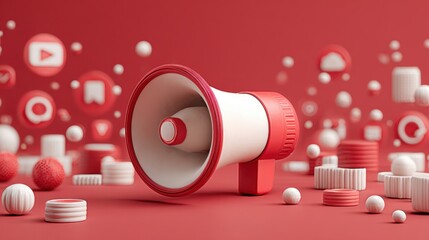 Digital marketing announcement with megaphone, city buildings, clock, and objects on yellow background depicting notification concept