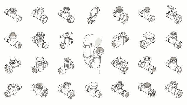 Collection of isometric line drawings illustrating various plumbing pipe fittings and valves for industrial and domestic applications.