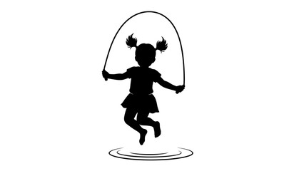 Silhouette of a young girl joyfully jumping rope outdoors.