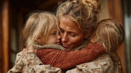 Servicewoman returns home embracing her two young children after deployment, expressing overwhelming love and family connection