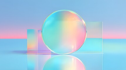 Colorful, iridescent sphere sits on a blue surface. The sphere is surrounded by three rectangular prisms, creating a sense of depth and dimension. The colors of the sphere and the prisms are vibrant