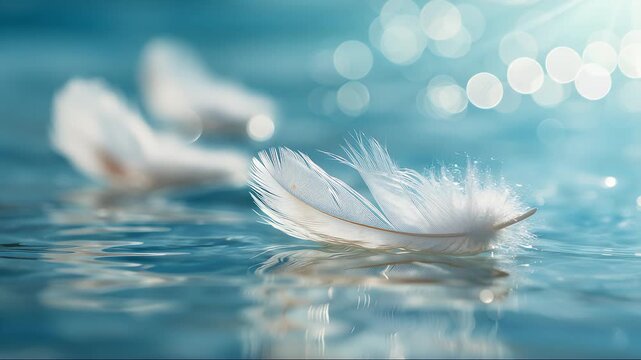 Wei&szlig;e Feder auf ruhiger Wasseroberfl&auml;che mit sanftem Licht