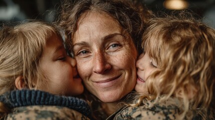 Servicewoman returns home embracing her two young children after deployment, expressing overwhelming love and family connection