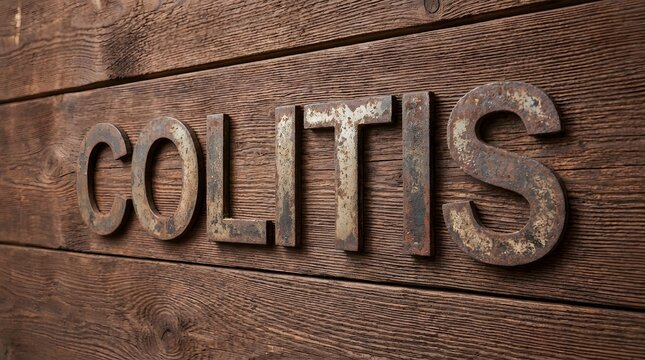 Rusty metal letters spell out Colitis diagnosis mounted on dark rustic wood background