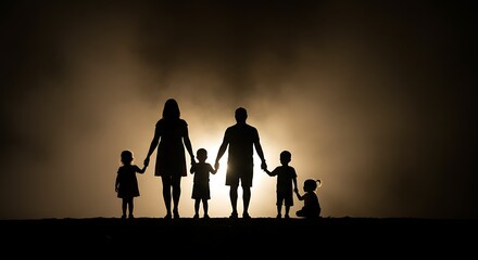 Silhouette of a family of six, holding hands, against a glowing, hazy background