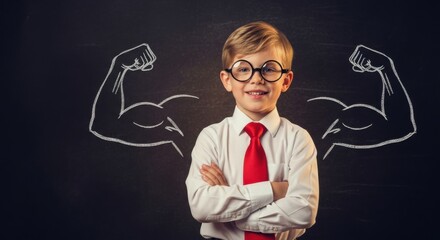 Confident Boy With Chalk Biceps Drawing On Blackboard