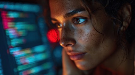 Young Indian software developer analyzes code on monitors in a startup office at night, visualizing programming solutions and monitoring system performance