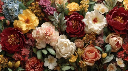 Artificial flower wall backdrop displays various roses and hydrangeas in an assortment of colors for a vintage aesthetic and high-quality realistic presentation