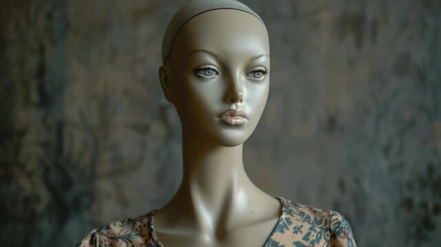 Video A life-sized mannequin dressed in a colorful floral gown, accessorized with a headband