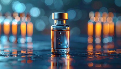 Glass vial with amber liquid and bokeh lights