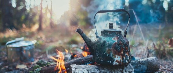Boiling water in an outdoor kettle amidst autumn leaves near a cozy campfire