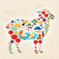 Fototapeta premium Sheep shaped with Asian cultural symbols