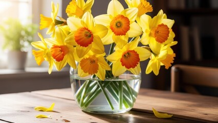 A vase of yellow and orange daffodils on a wooden table with a blurred background.